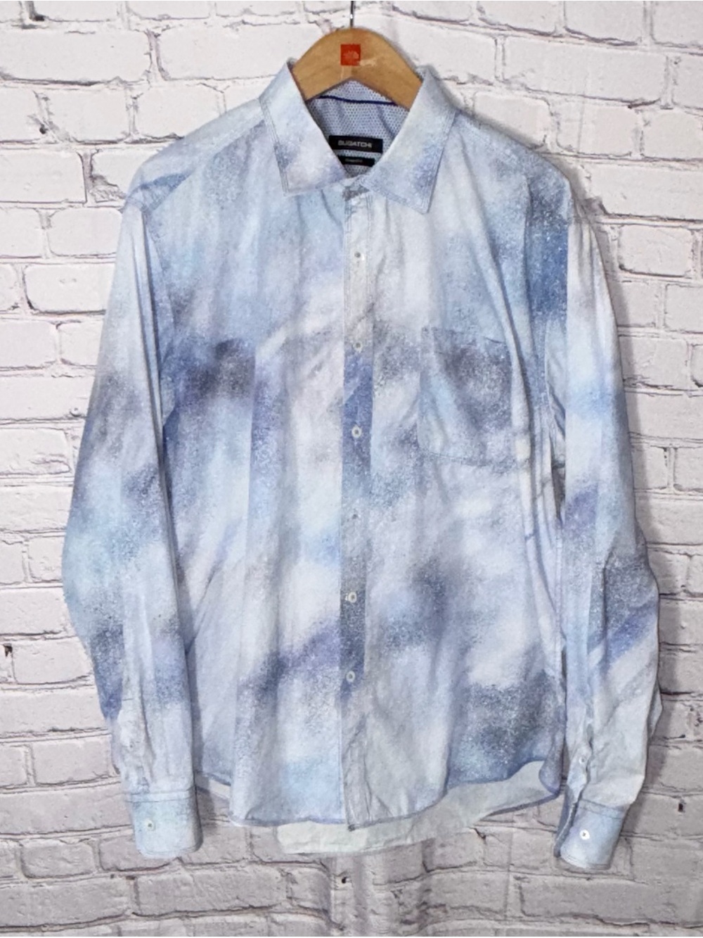 Bugatchi Shaped Fit Abstract Blue/White Cotton Dress Shirt Long Sleeve Size  L